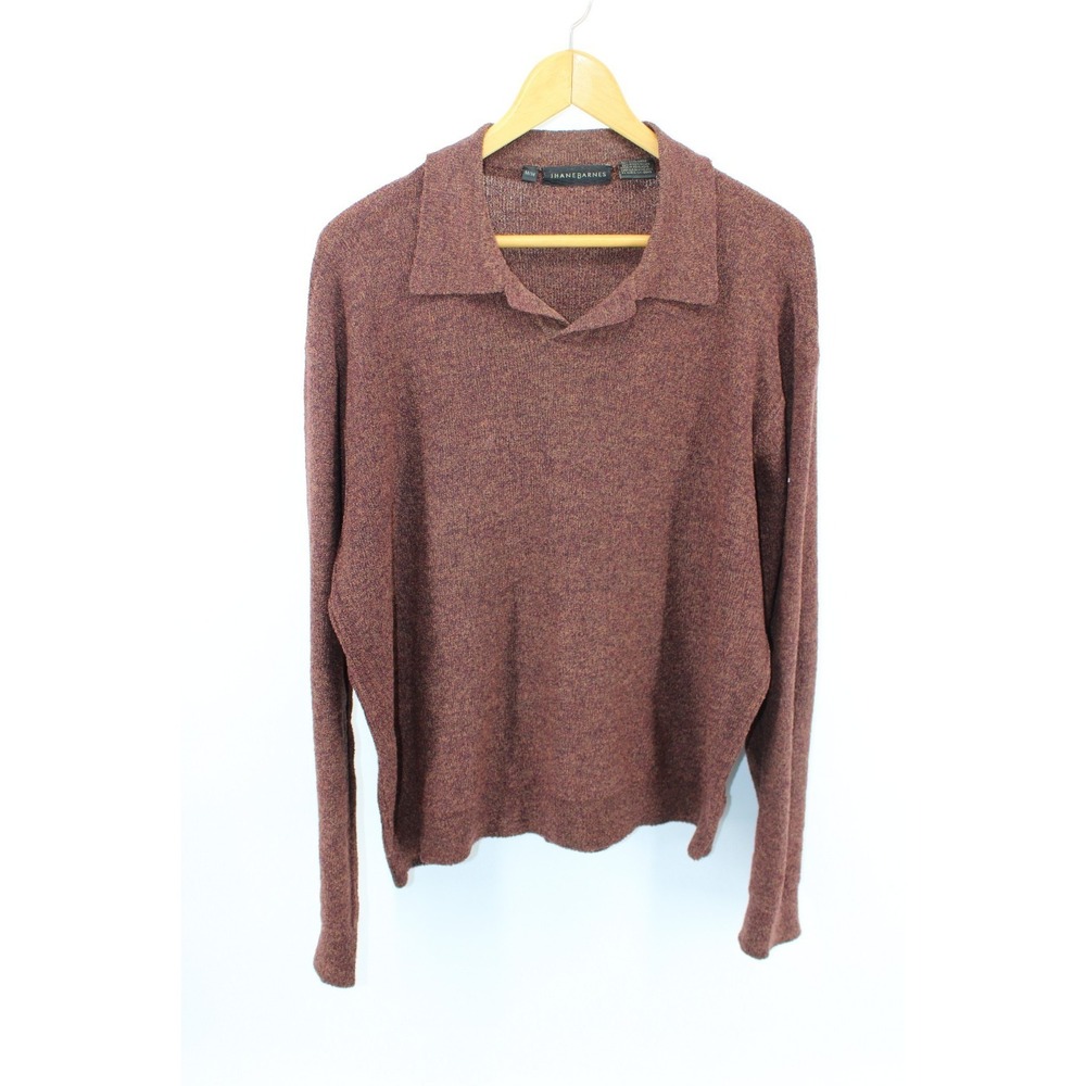 Jhane Barnes Polo Shirt‎ Mens Medium  Brown Wool Nylon Tweed Long Sleeve